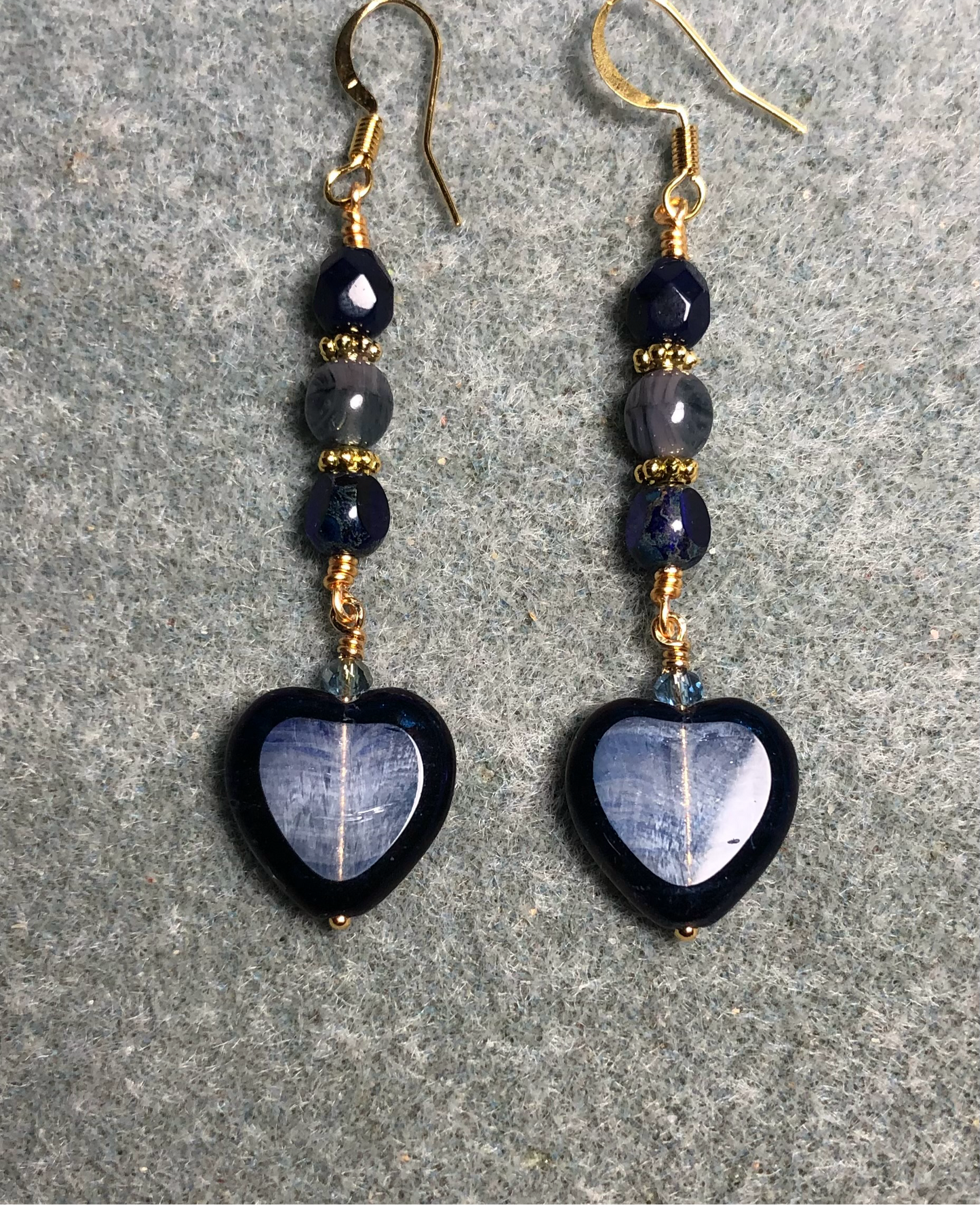 Dark blue and light blue Czech glass heart bead earrings adorned with dark blue and light blue Czech glass beads.