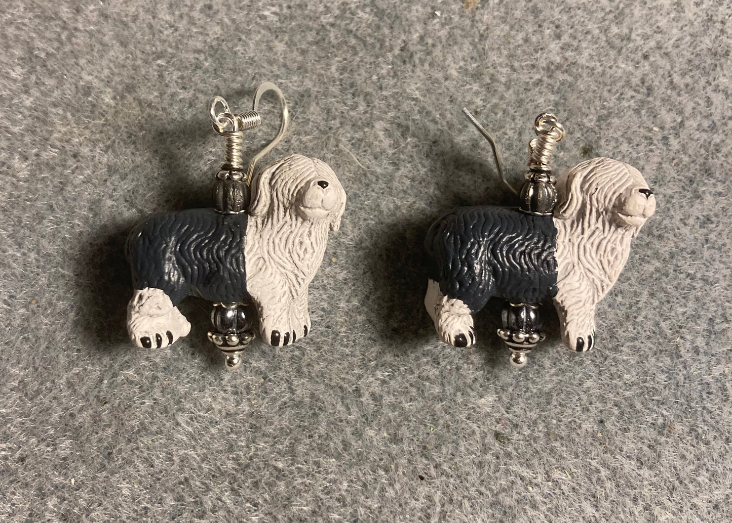 White and grey ceramic sheepdog bead earrings adorned with grey Czech glass beads.