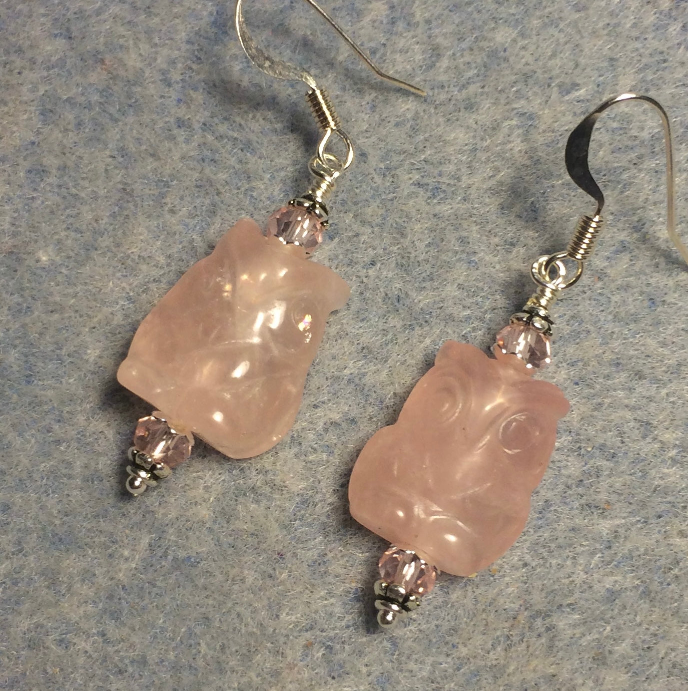 Pink rose quartz gemstone owl bead earrings adorned with pink Chinese crystal beads.