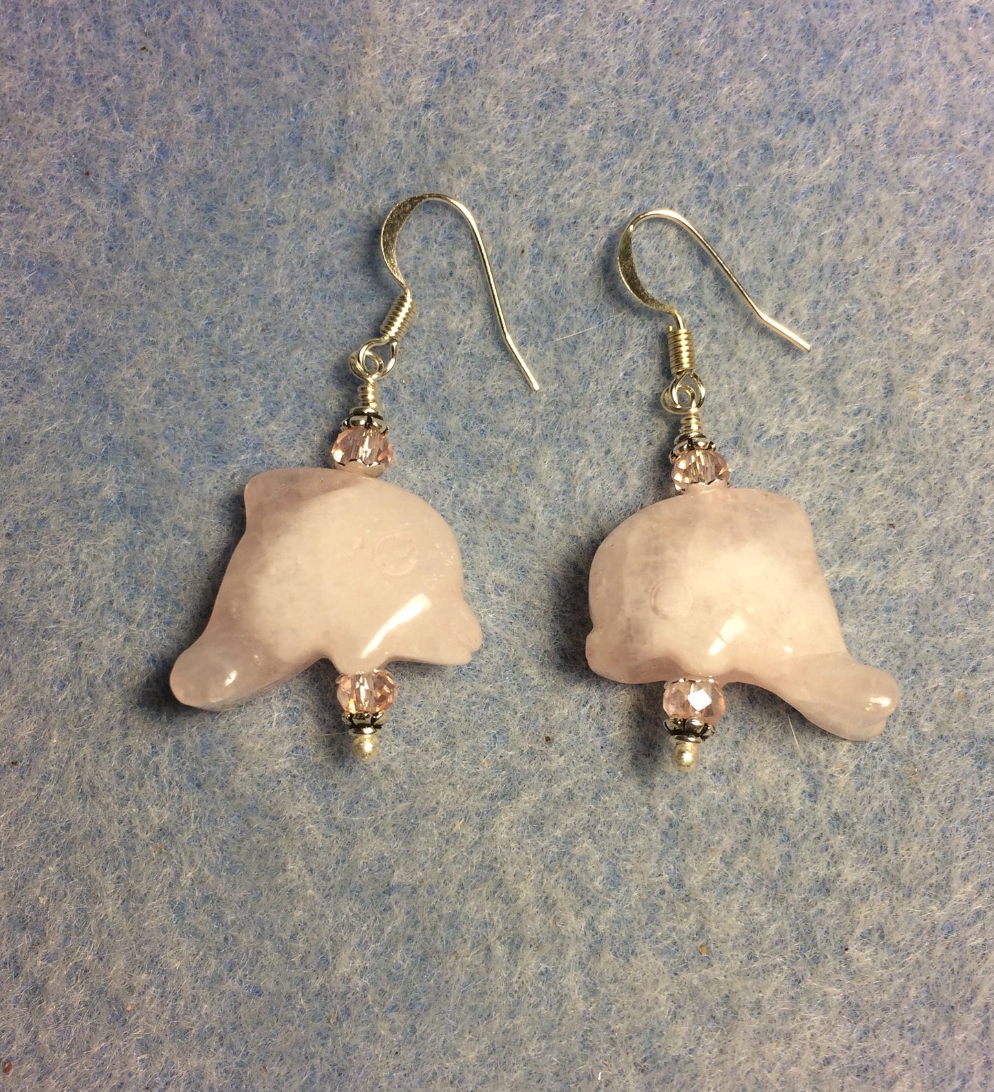 Pink rose quartz gemstone dolphin bead earrings adorned with pink Chinese crystal beads.