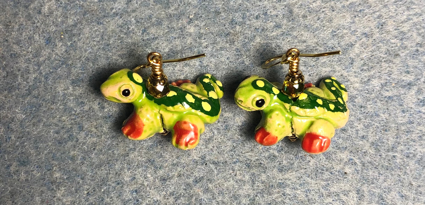 Green and red ceramic lizard bead earrings adorned with sparkly green Chinese crystal beads.