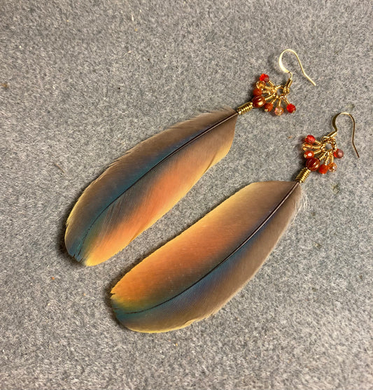 Orange, red, and yellow macaw feather earrings adorned with red orange Czech glass melon beads and small dangling red, amber, and orange Czech glass beads.