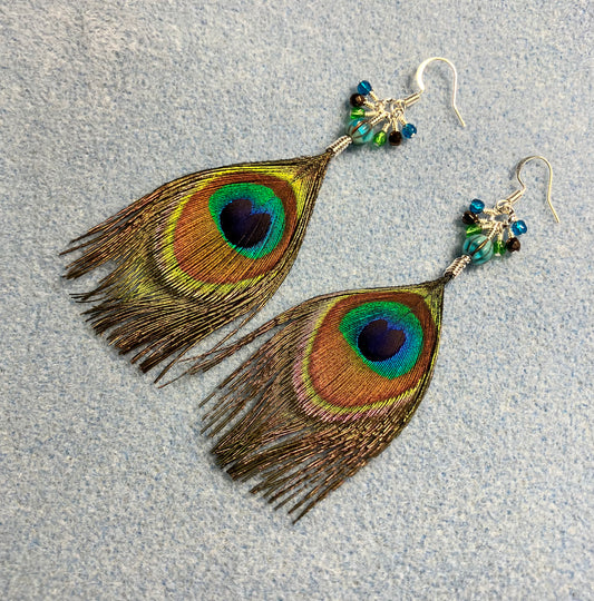 Peacock eye feather earrings adorned with small dangling green, brown, and teal Czech glass beads.