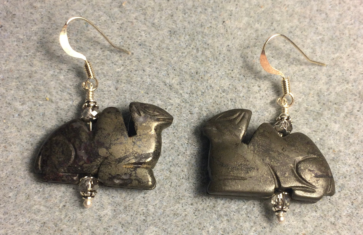 Gray marcasite gemstone camel bead earrings adorned with gray Chinese crystal beads.