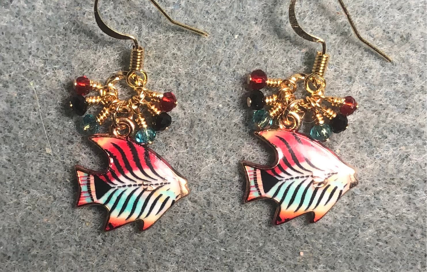 Red, black, and aqua enamel striped angelfish charm earrings adorned with tiny dangling red, black, and aqua Chinese crystal beads.