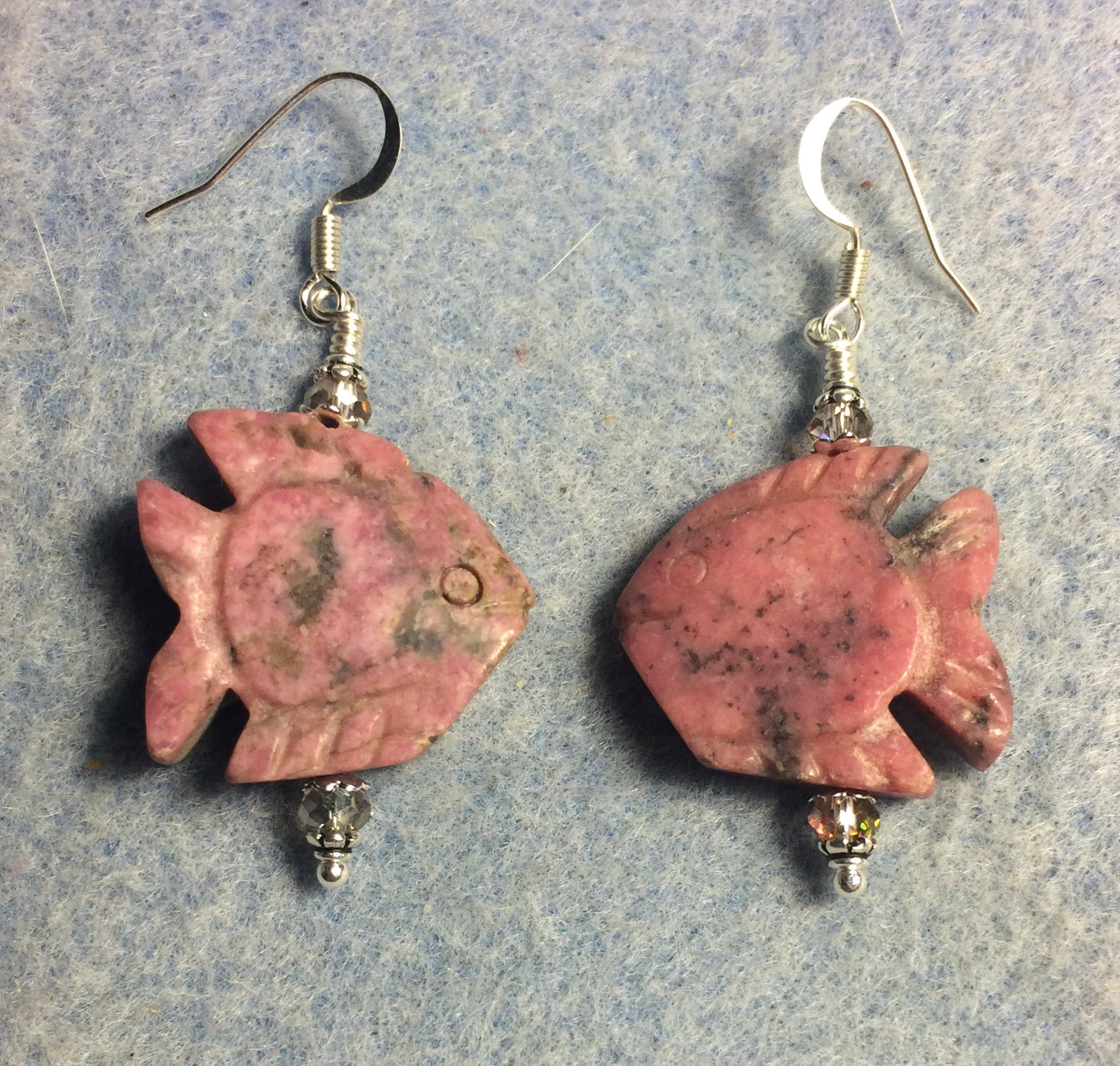 Large pink rhodonite gemstone angelfish bead earrings adorned with pink Chinese crystal beads.