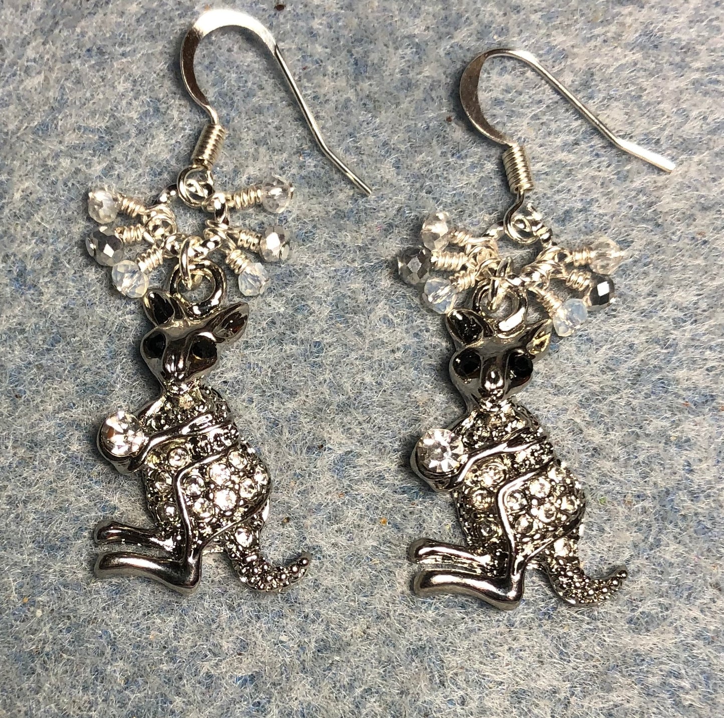 Silver rhinestone kangaroo charm earrings adorned with tiny dangling clear and silver Chinese crystal beads.