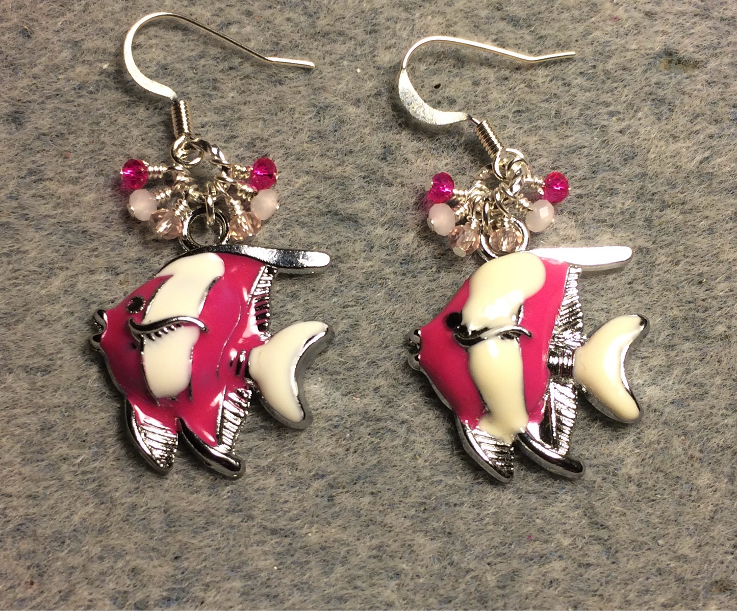 Hot pink and white enamel striped angelfish charm earrings adorned with tiny dangling hot pink and light pink Chinese crystal beads.