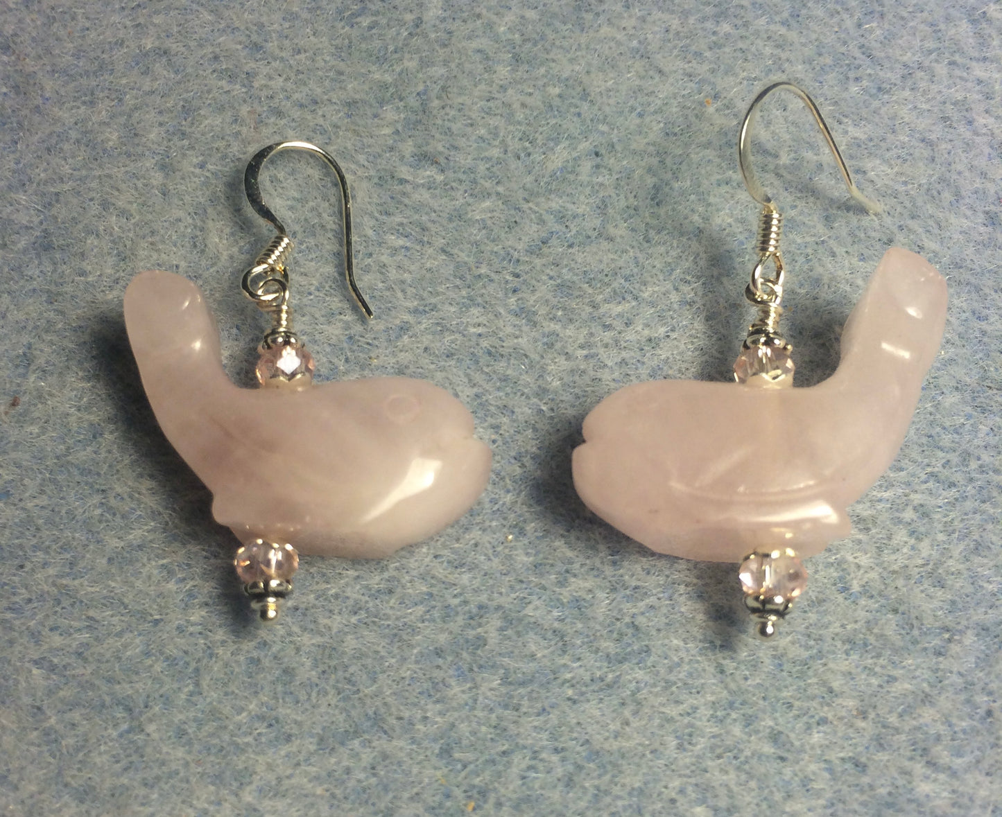 Pink rose quartz gemstone whale bead earrings adorned with pink Chinese crystal beads.