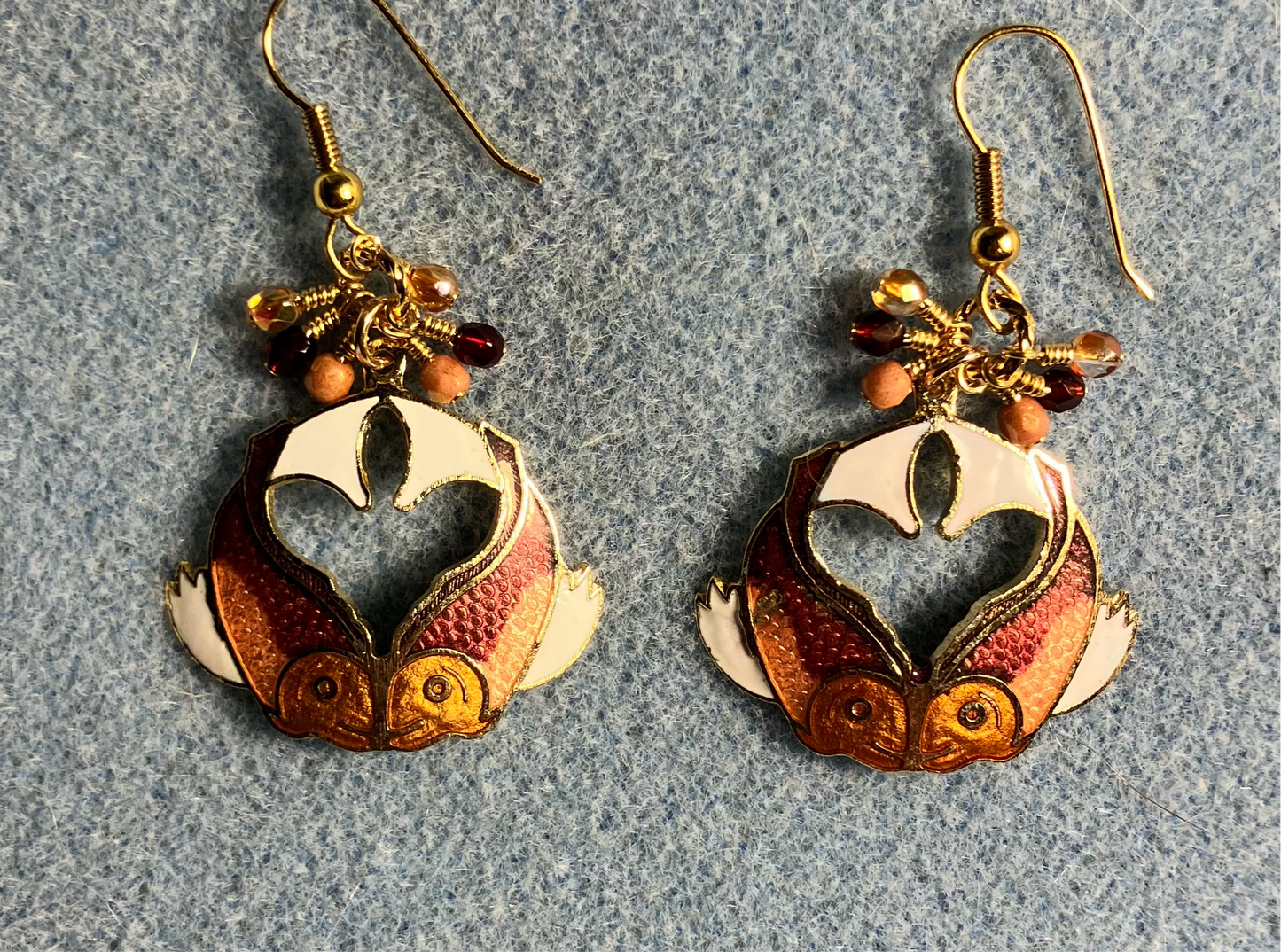 Vintage dark red, peach, white, and amber cloisonné koi charm earrings adorned with tiny dangling peach, dark red, and amber Czech glass beads.