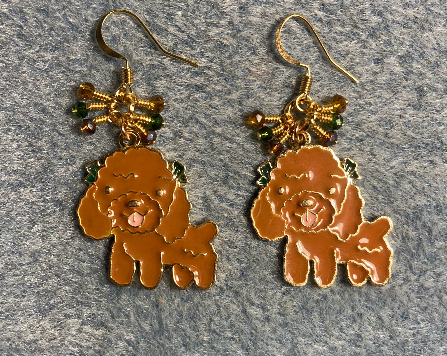 Large brown enamel puppy dog charm earrings adorned with tiny dangling brown, green, and amber Chinese crystal beads.