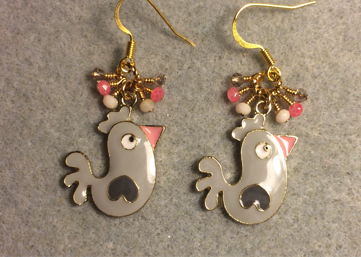 Gray, white, and pink enamel chicken charm earrings adorned with tiny dangling gray, white, and pink Chinese crystal beads.