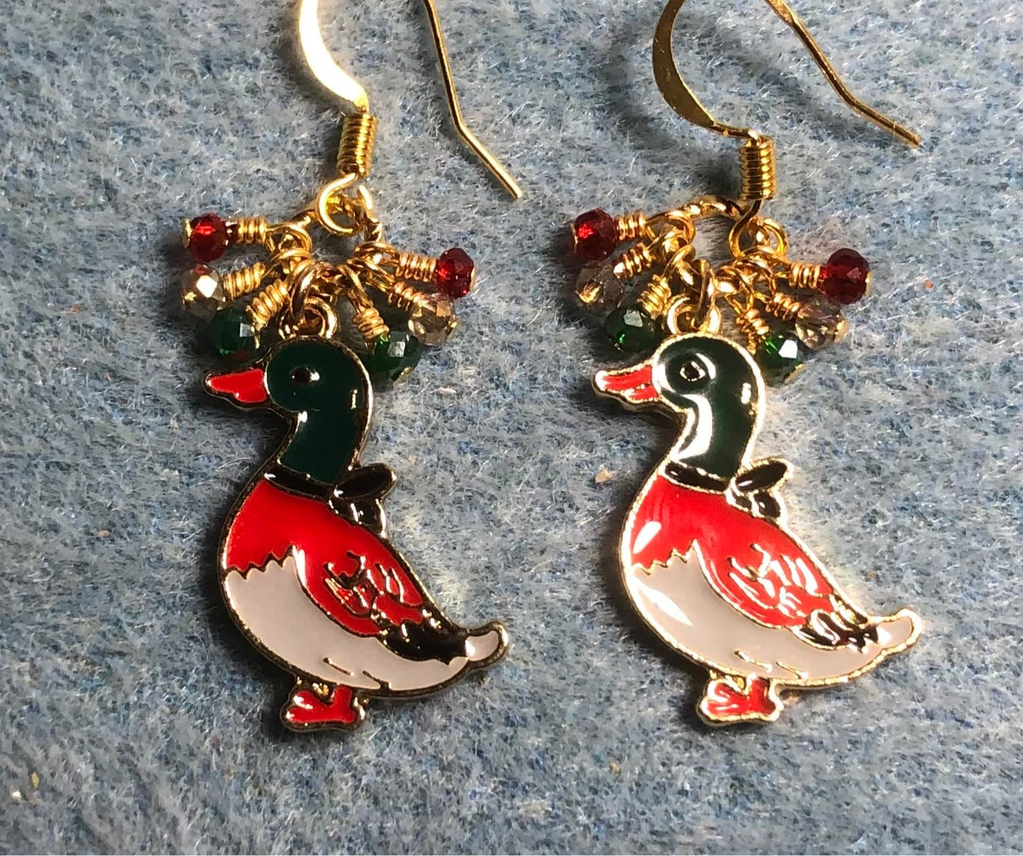 Red, green, and gray enamel duck charm earrings adorned with tiny dangling red, green, and gray Chinese crystal beads.