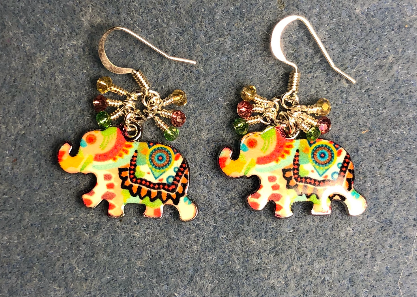 Green, pink, and amber enamel elephant charm earrings adorned with tiny dangling green, pink, and amber Chinese crystal beads.