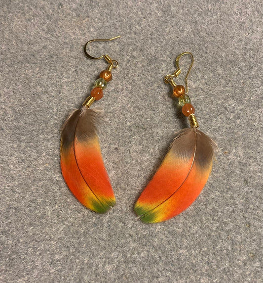 Orange, yellow, and green scarlet macaw feather earrings adorned with small orange and green Czech glass melon beads.