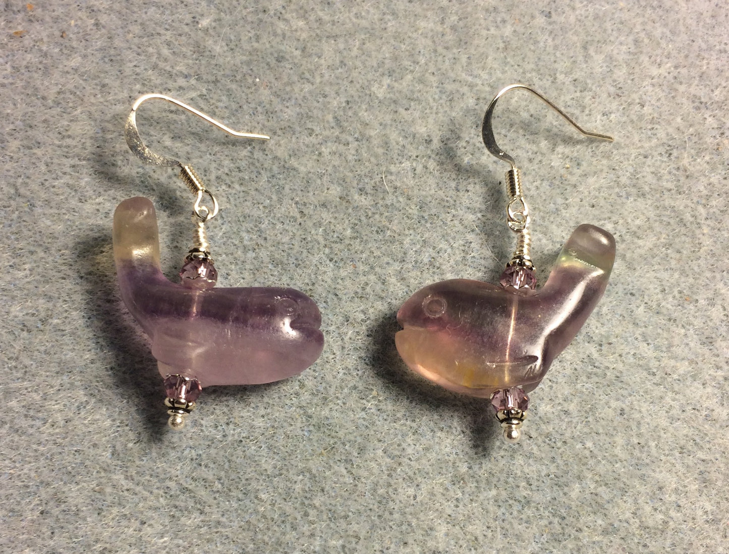 Purple fluorite gemstone whale bead earrings adorned with purple Chinese crystal beads.