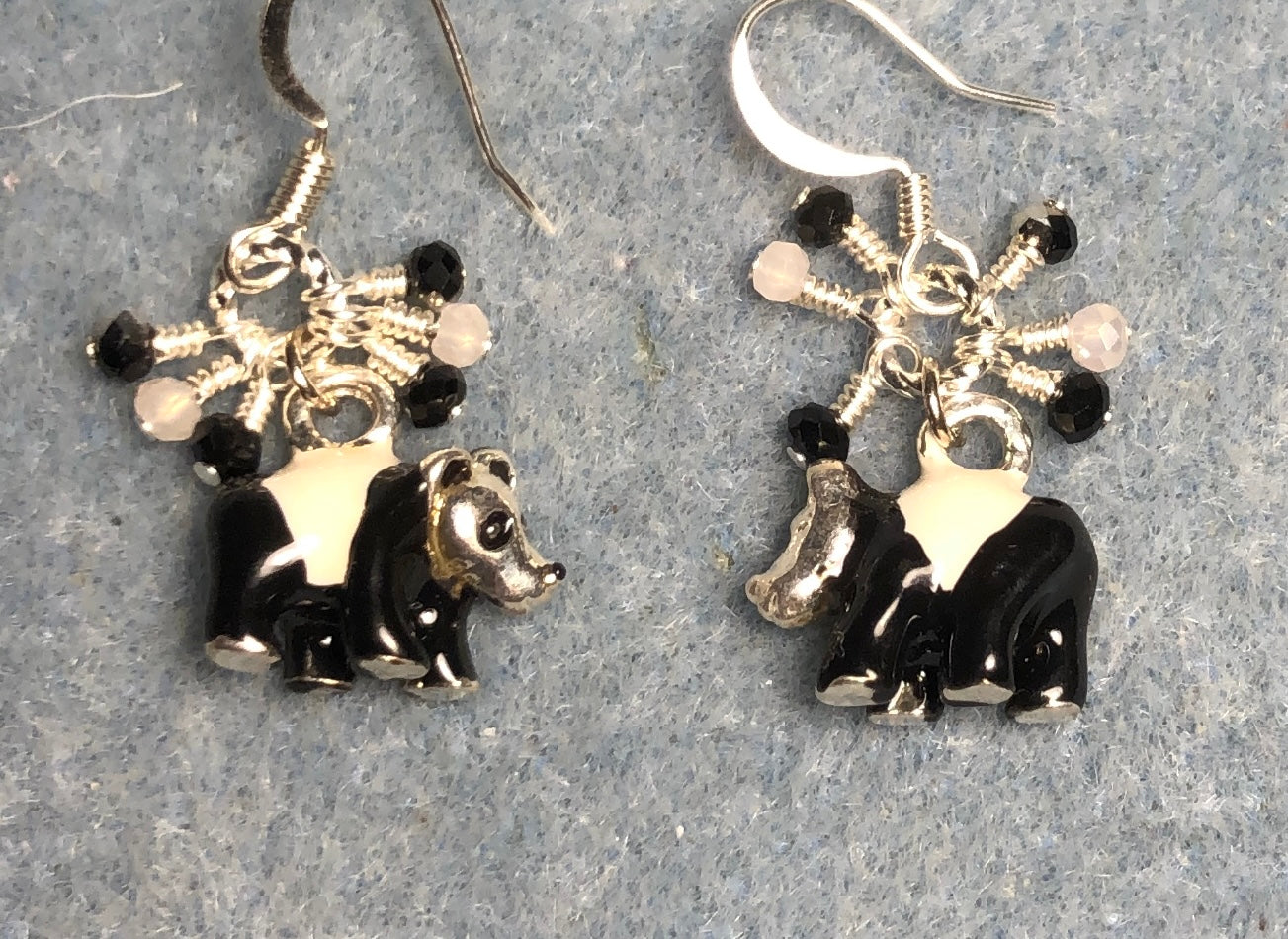 Small silver, black, and white enamel panda bear charm earrings adorned with tiny dangling black and white Chinese crystal beads.