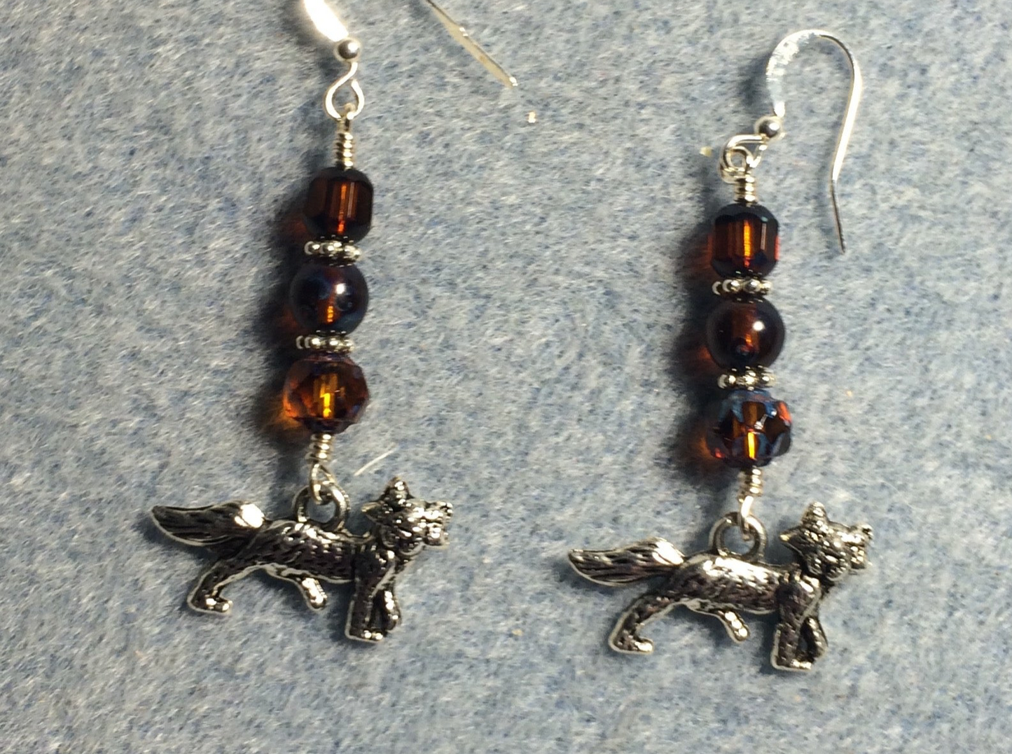 Silver fox charm earrings adorned with brown Czech glass beads