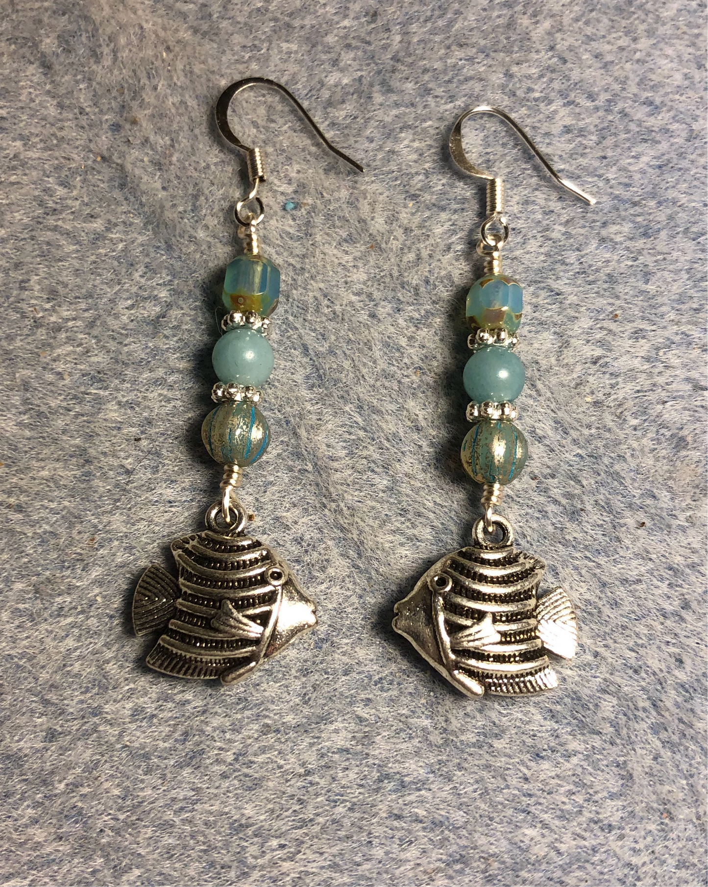 Silver angelfish charm earrings adorned with milky turquoise and Czech glass beads and amazonite beads