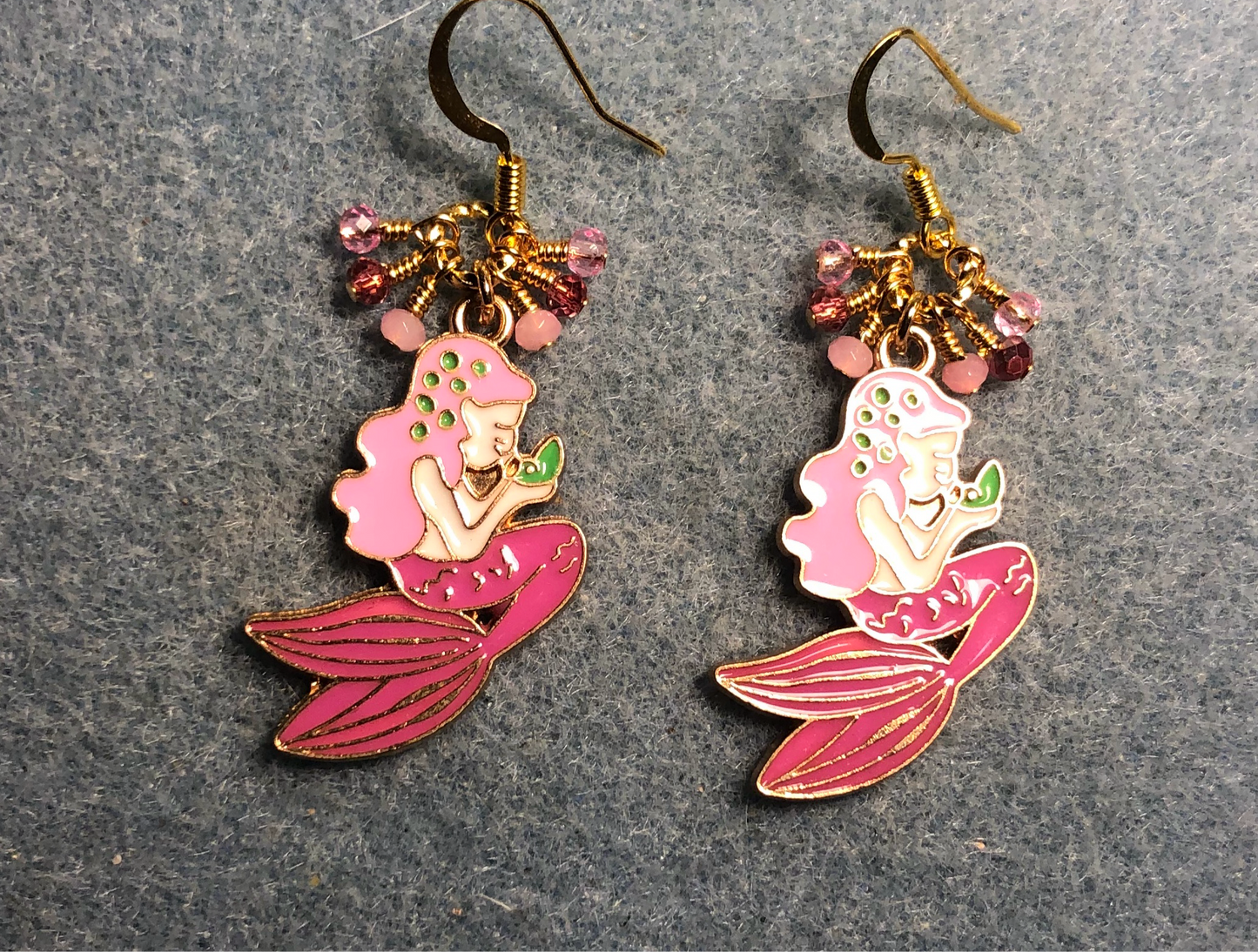 Pink and rose enamel fairy charm earrings adorned with tiny dangling pink and rose Chinese crystal beads.
