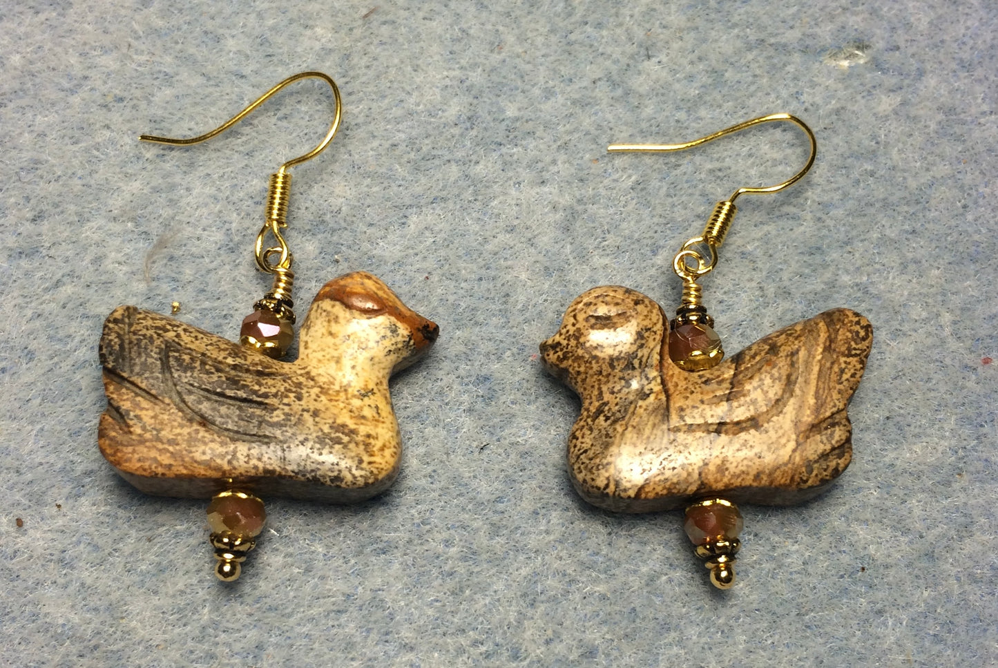 Picture jasper gemstone duck bead earrings adorned with tan Chinese crystal beads.