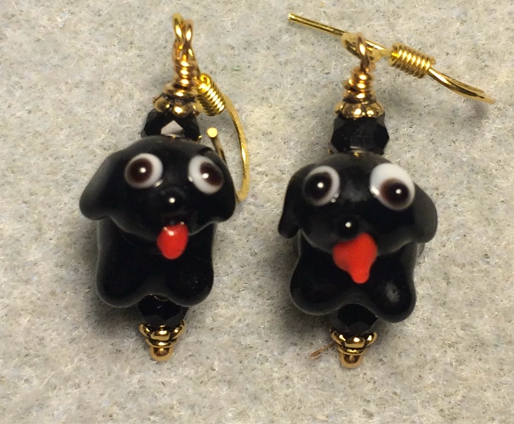 Black lamp work puppy dog bead earrings adorned with black Chinese crystal beads.