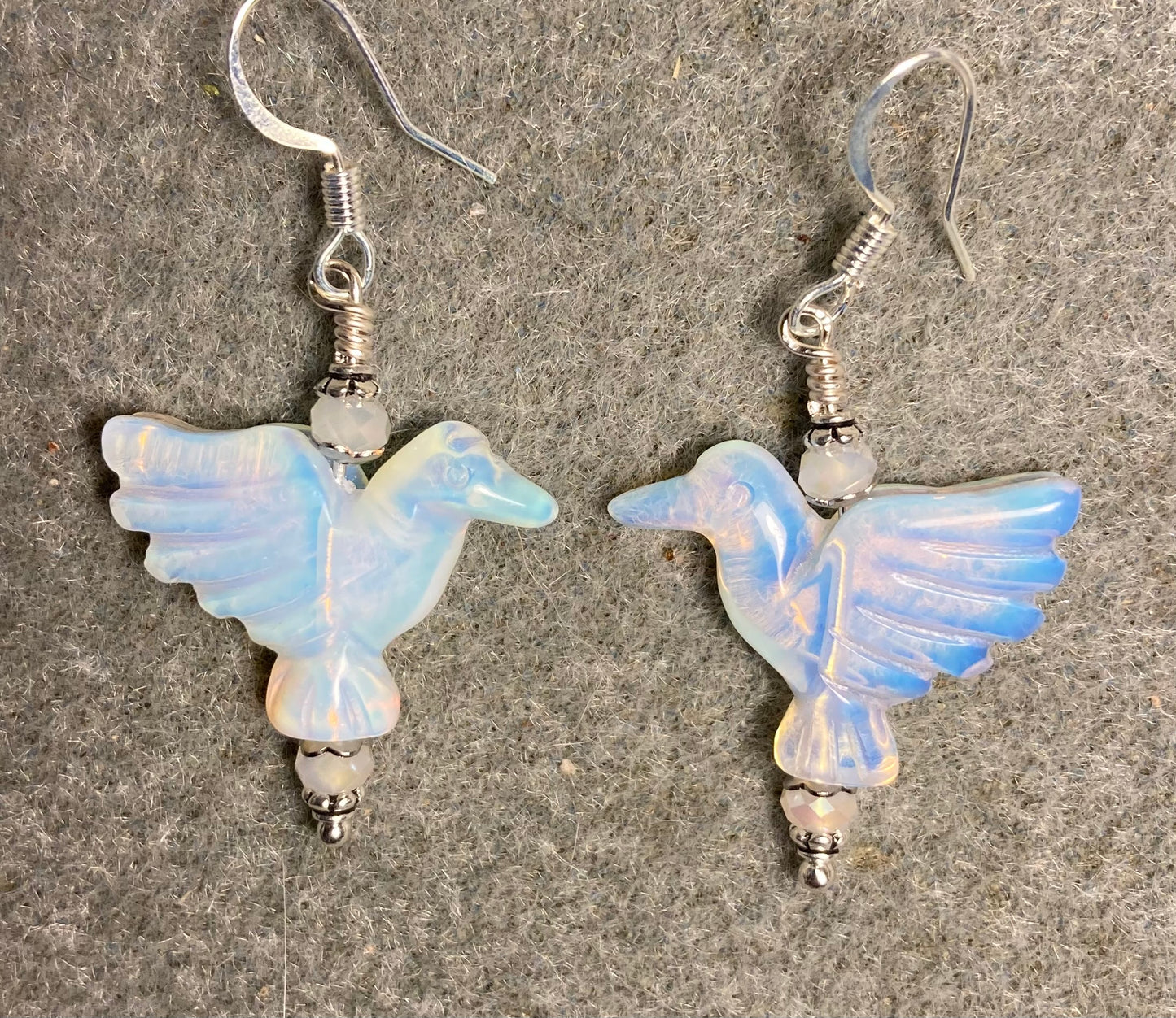 Opalite gemstone flying eagle bead earrings adorned with white Chinese crystal beads.
