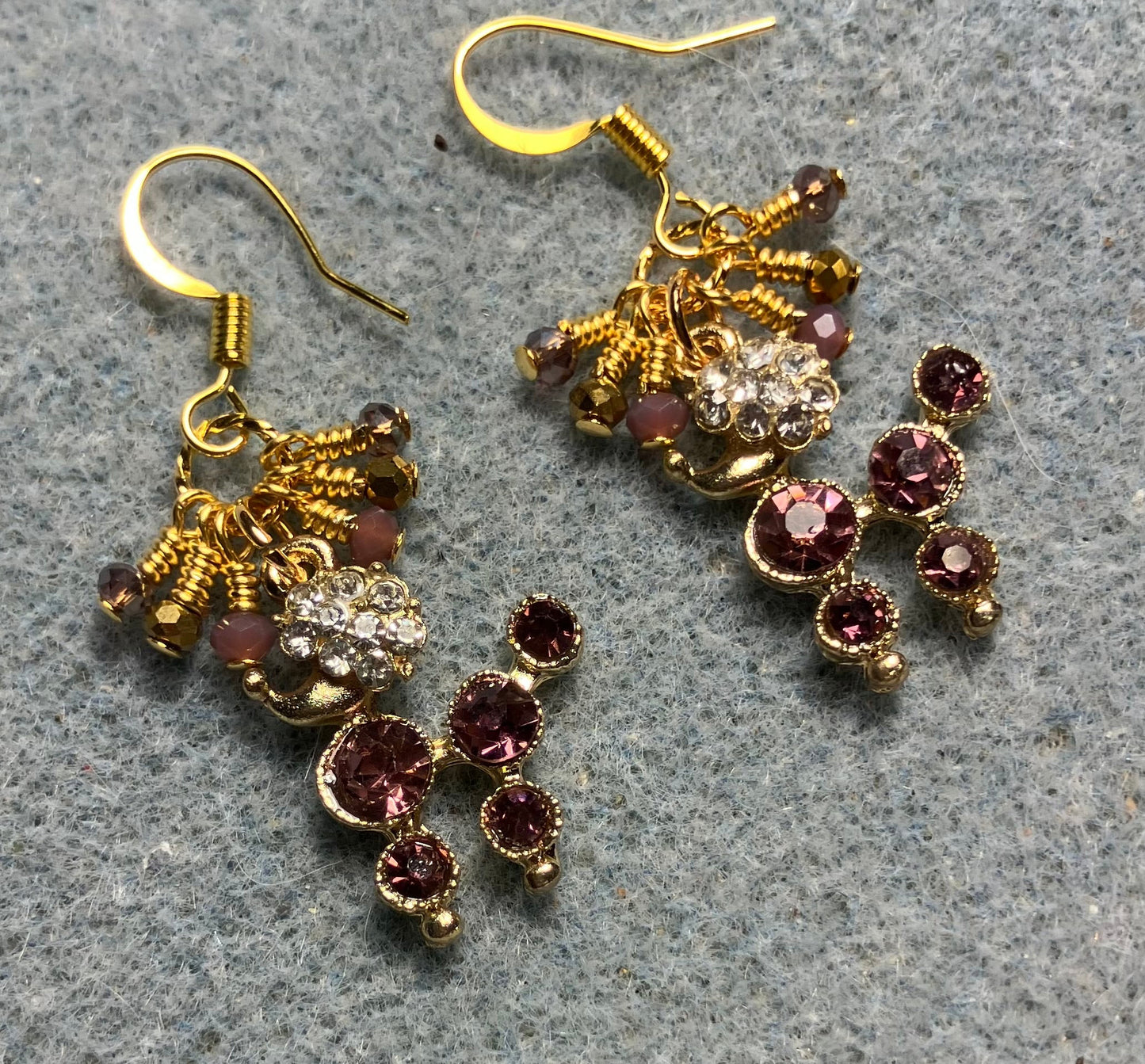 Violet and clear rhinestone poodle charm earrings adorned with tiny dangling violet and gold Chinese crystal beads.