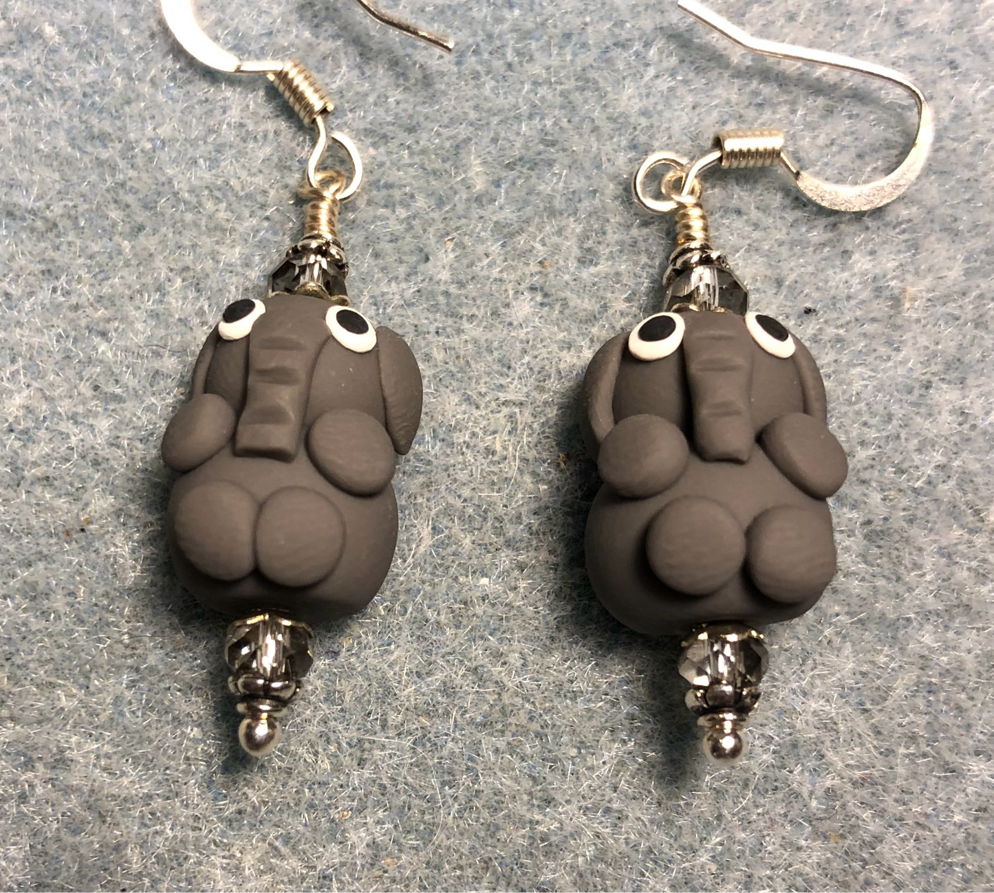 Gray polymer clay elephant bead earrings adorned with clear Chinese crystal beads.