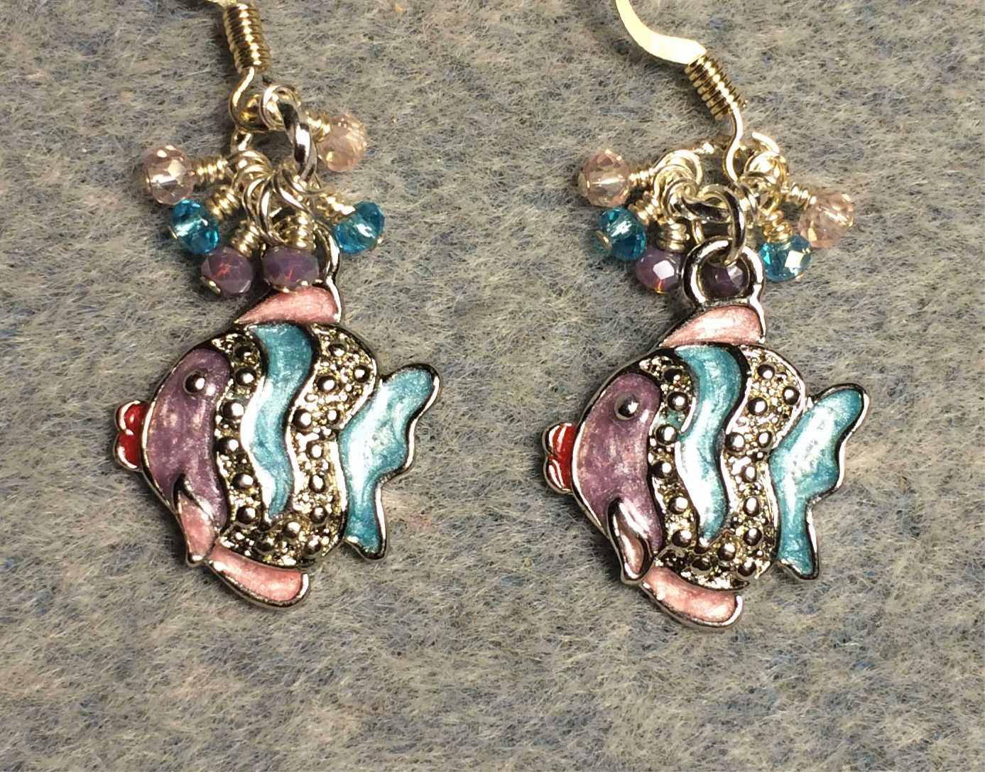Violet, aqua, and pink enamel and rhinestone angelfish charm earrings adorned with tiny dangling violet, blue, and pink Chinese crystal beads.