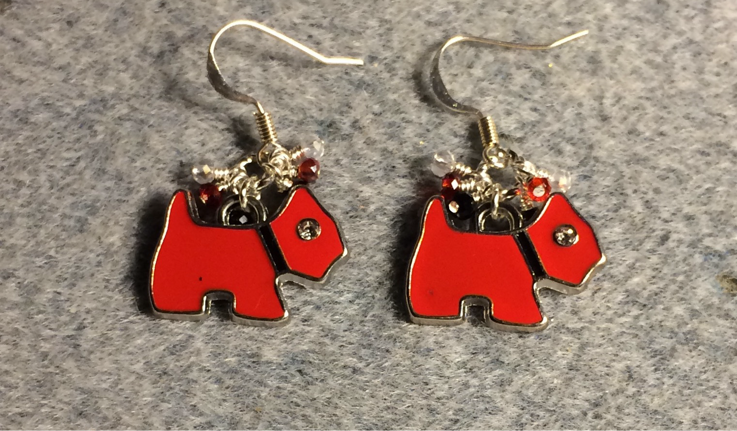 Red enamel and rhinestone Scottish terrier dog charm earrings adorned with tiny dangling red, black, and clear Chinese crystal beads.