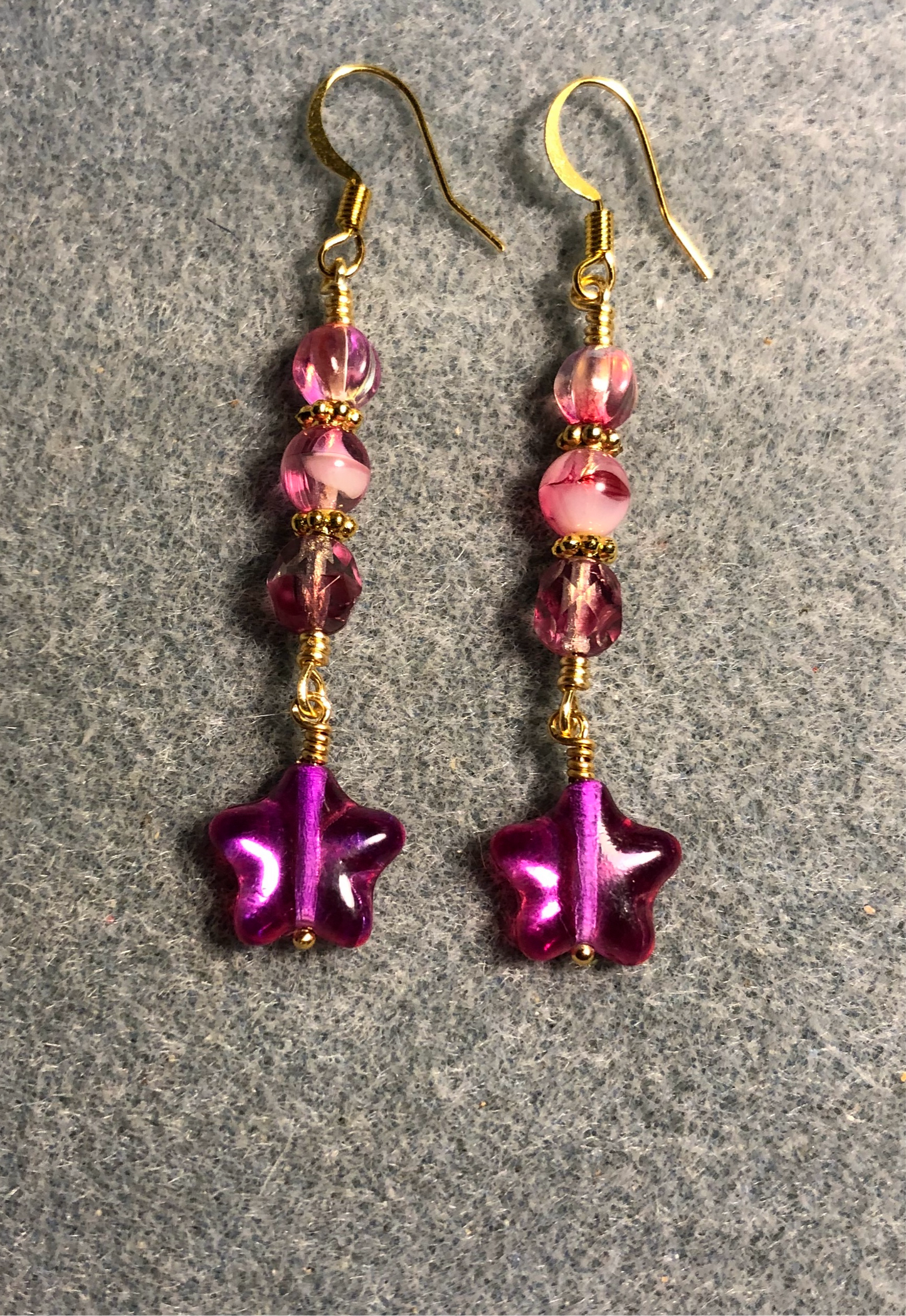 Small metallic pink Czech glass star bead earrings adorned with bright pink Czech glass beads.