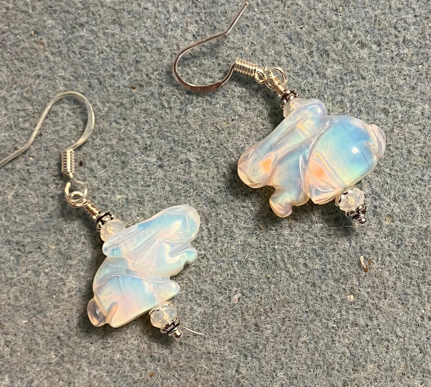 Opalite gemstone rabbit bead earrings adorned with white Chinese crystal beads.