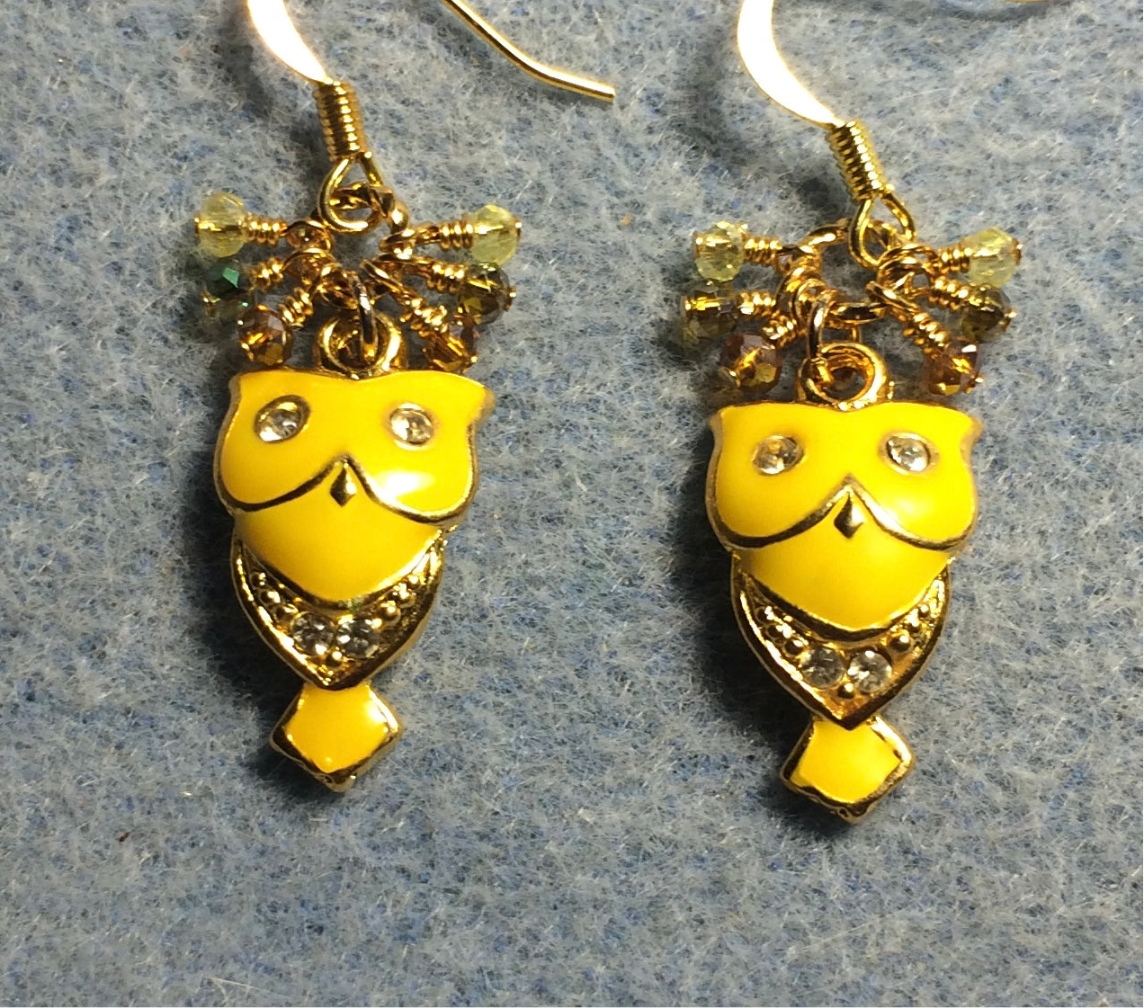 Vintage golden yellow enamel and rhinestone owl charm earrings adorned with tiny dangling amber and yellow Chinese crystal beads.