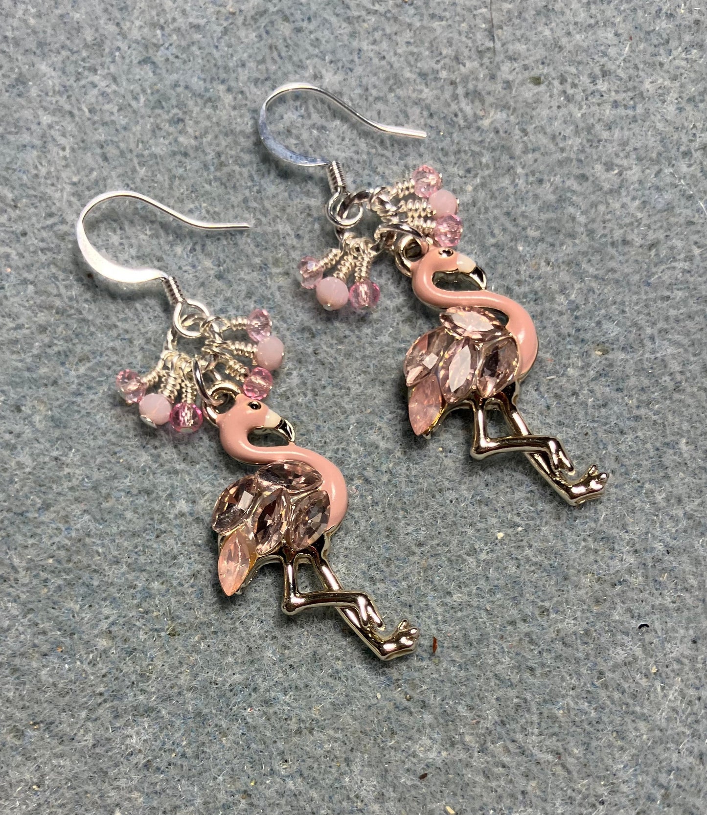 Pink enamel and rhinestone flamingo charm earrings adorned with tiny dangling light pink Chinese crystal beads.