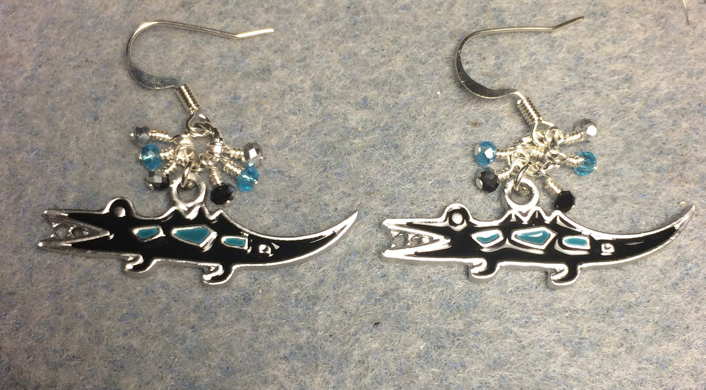 Silver, black, and turquoise enamel alligator charm earrings adorned with tiny dangling black, turquoise, and silver Chinese crystal beads.