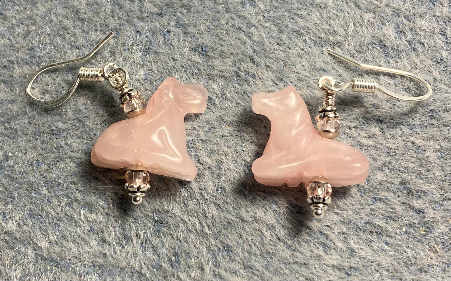 Rose quartz gemstone horse bead earrings adorned with pink Chinese crystal beads.