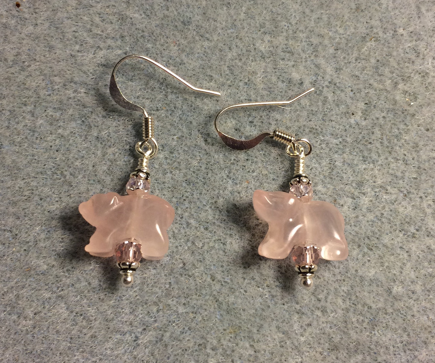 Small rose quartz gemstone bear bead earrings adorned with pink Chinese crystal beads.