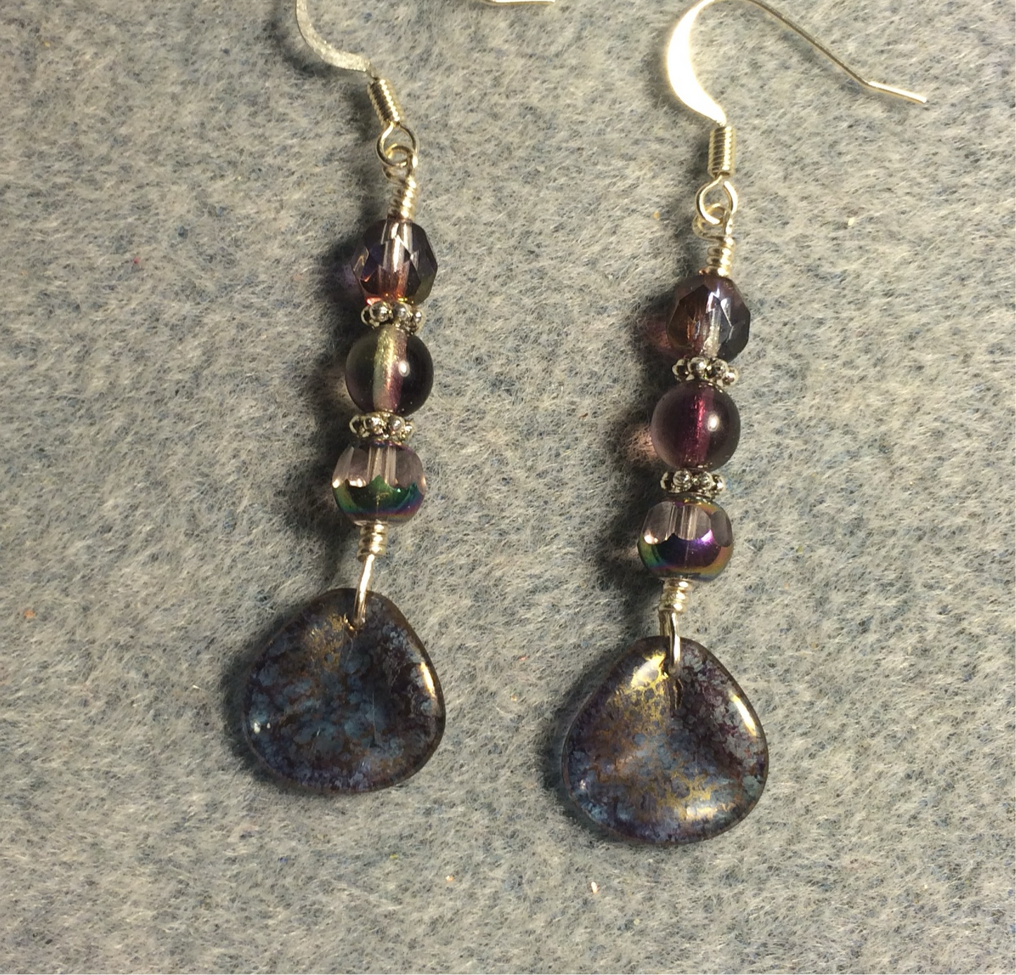 Purple spectacled Czech glass rose petal earrings adorned with purple Czech glass beads.