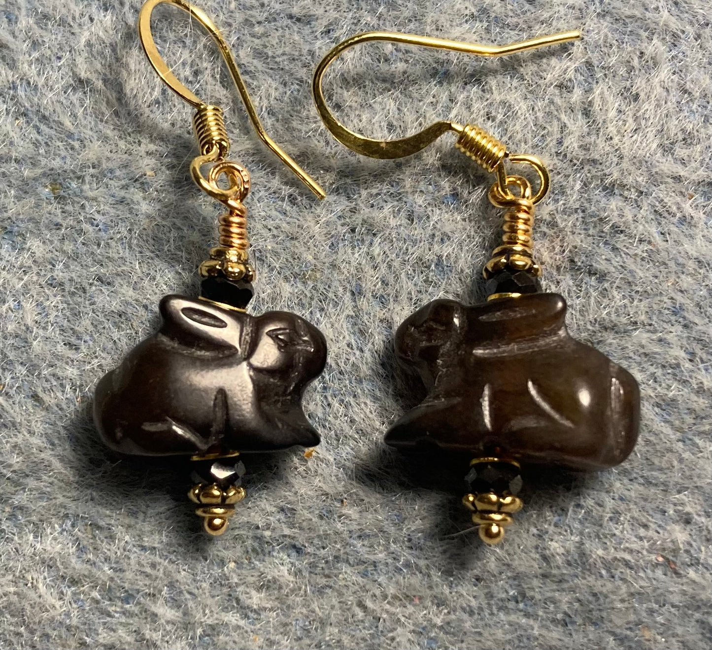 Small brown nephrite gemstone rabbit bead earrings adorned with brown Chinese crystal beads.