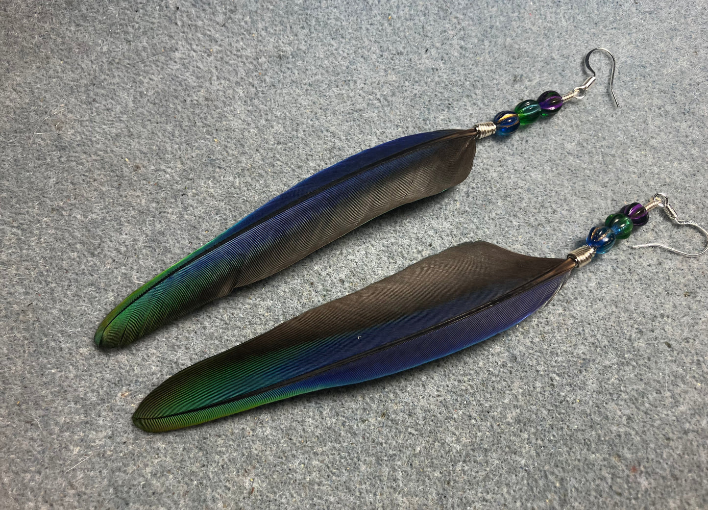 Rare iridescent blue and green Pionus parrot feather earrings adorned with blue and green Czech glass beads.