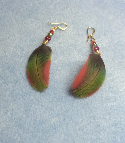 Small dark red and green macaw feather earrings adorned with small red and green Czech glass beads.