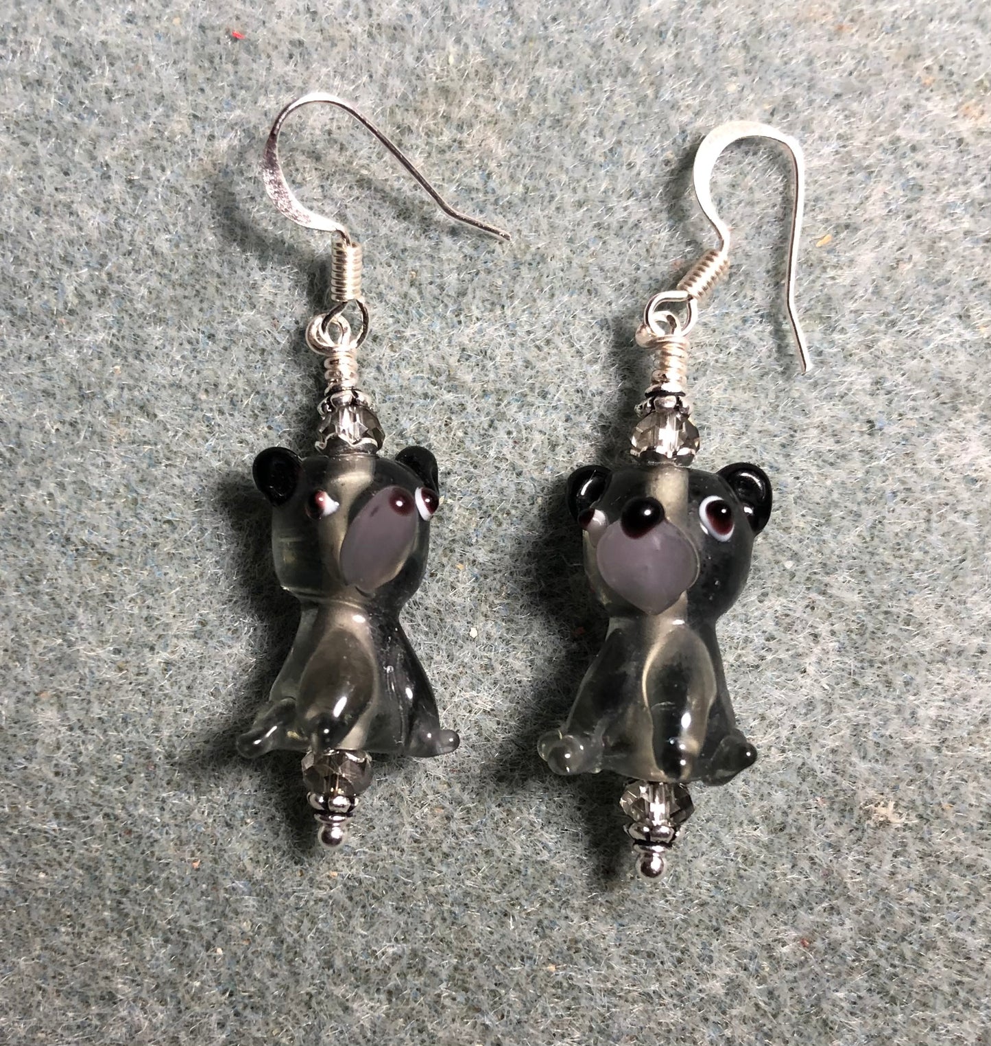 Gray lamp work bear bead earrings adorned with gray Chinese crystal beads.