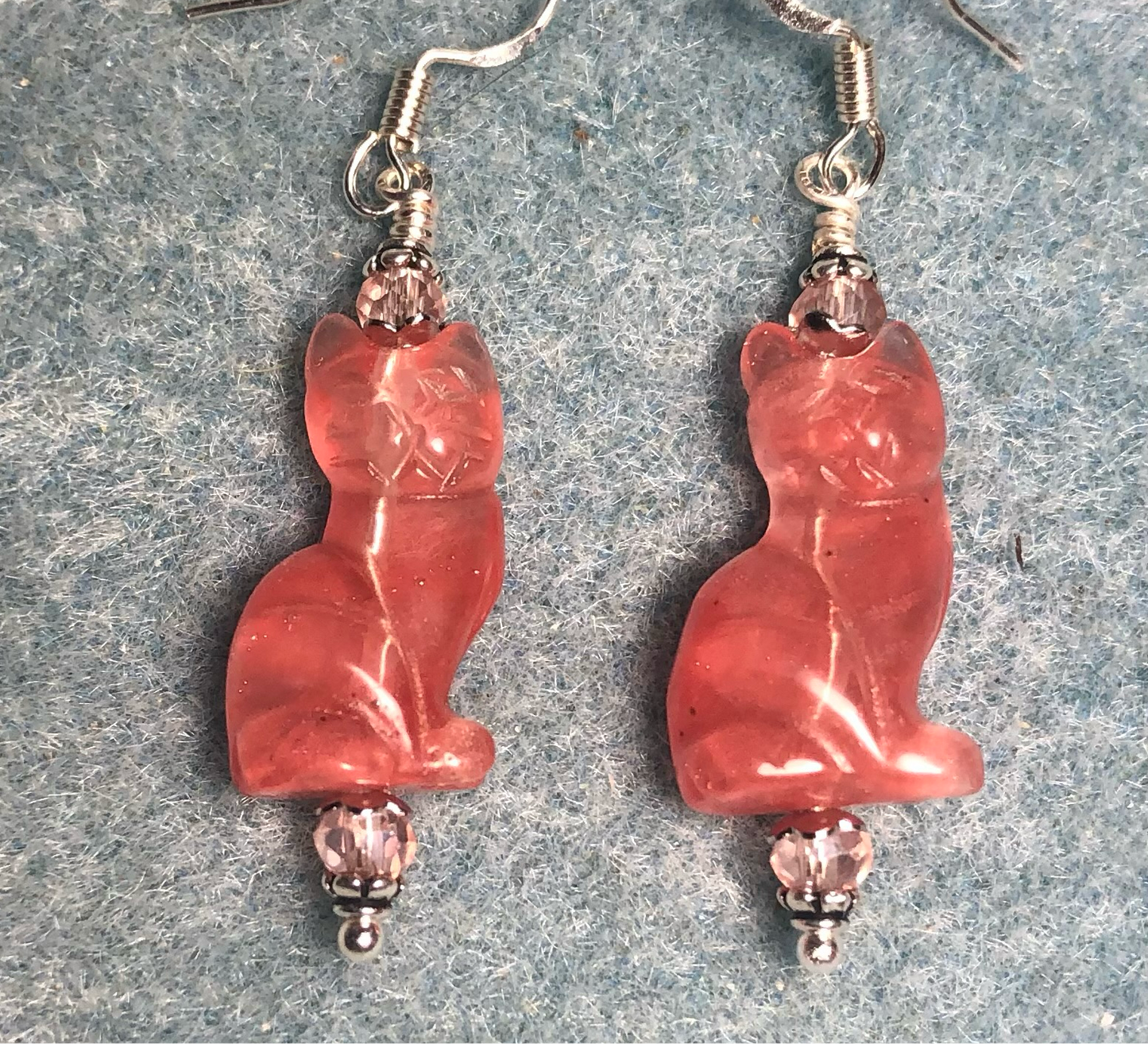 Cherry quartz gemstone cat bead earrings adorned with rose pink Czech glass beads.