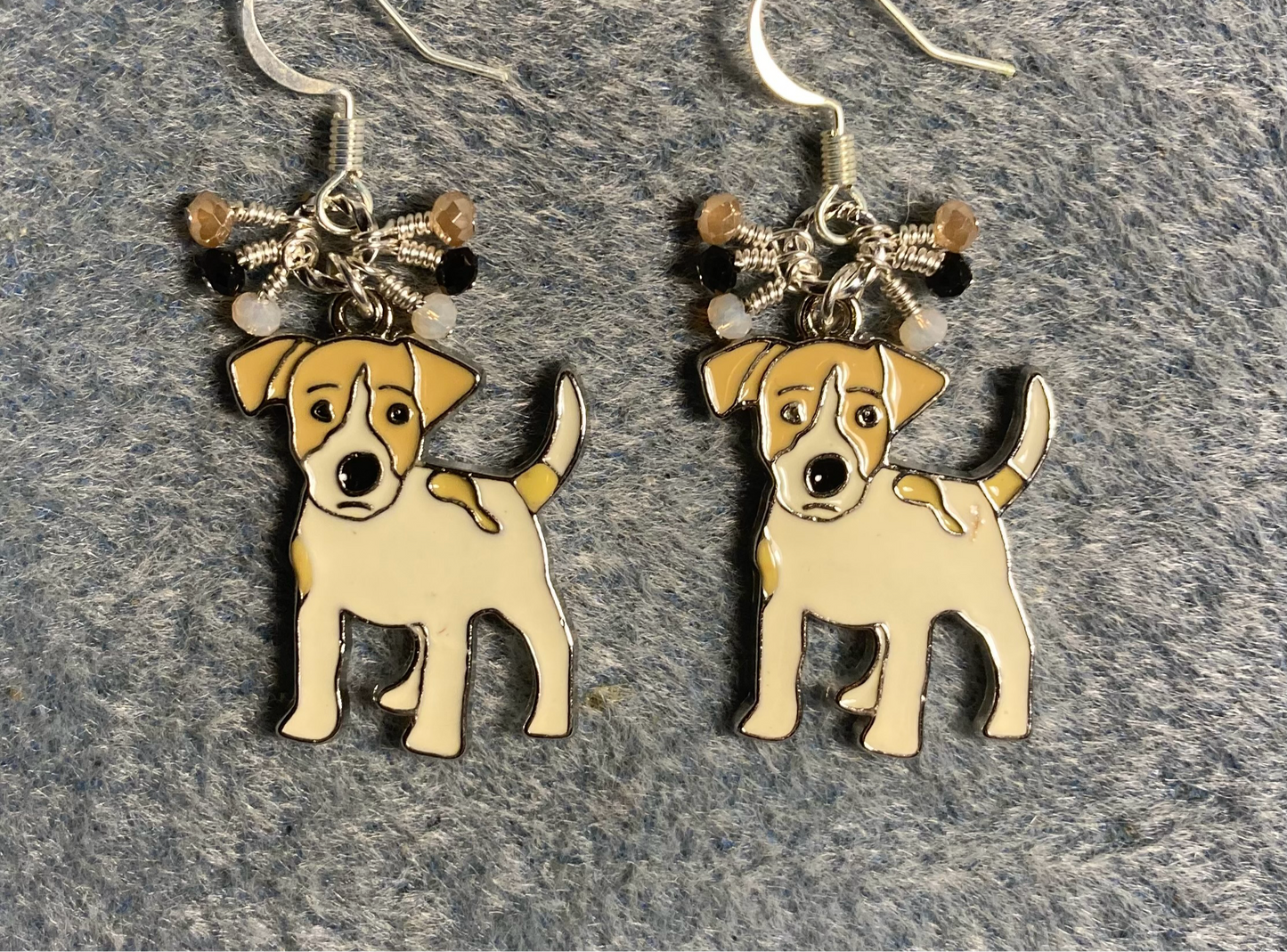 Tan enamel Jack Russell terrier dog charm earrings adorned with tiny dangling tan, white, and black Chinese crystal beads.
