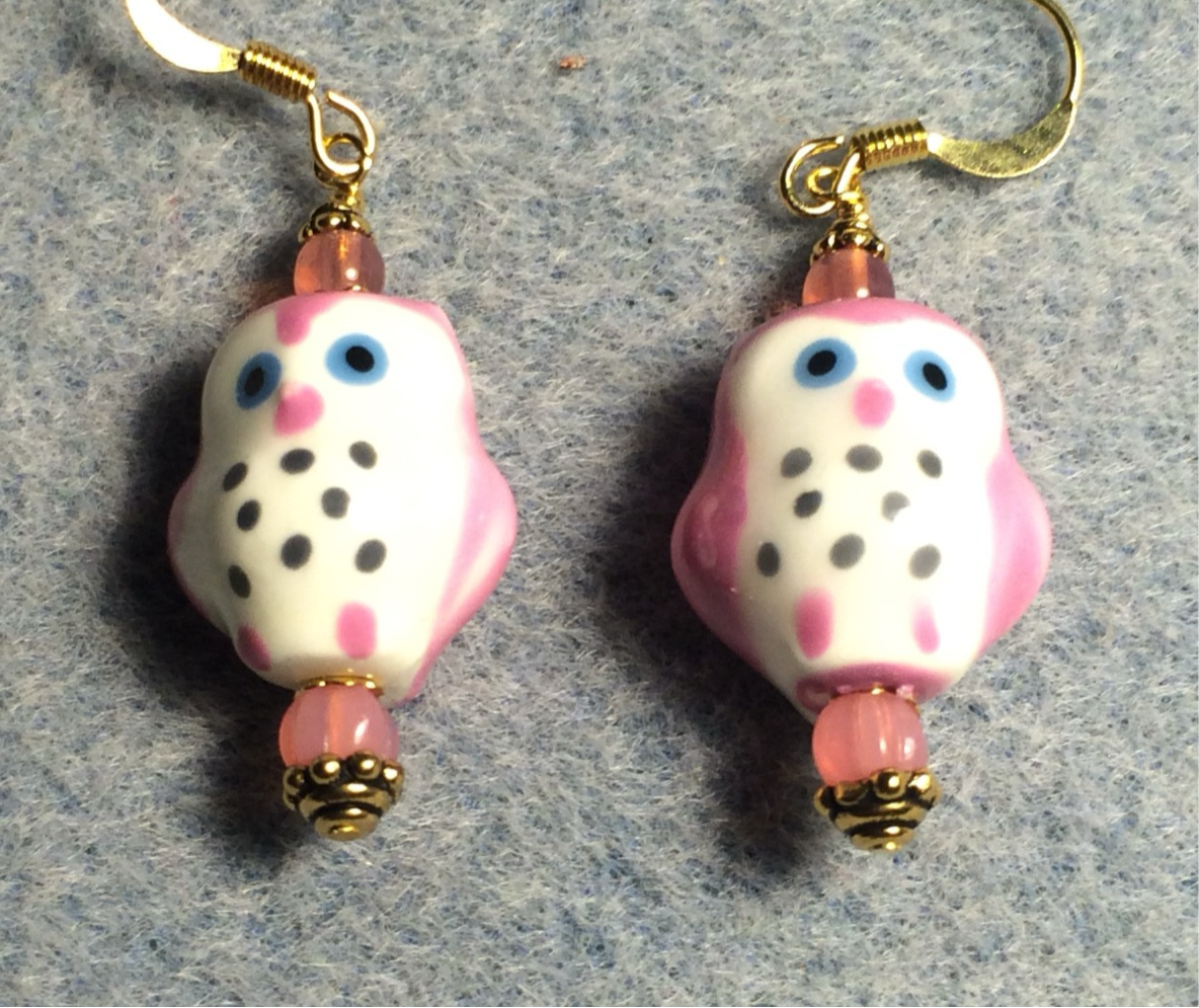 Pink and white ceramic spotted owl bead earrings adorned pink Czech glass beads.