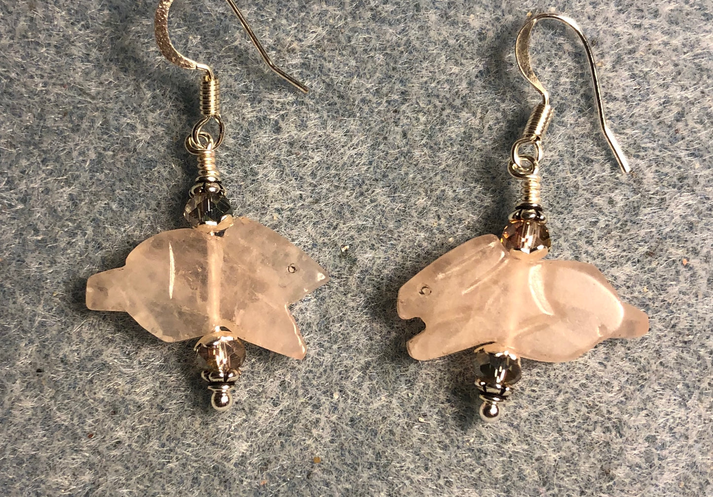Pink rose quartz Zuni rabbit bead earrings adorned with pink Chinese crystal beads.