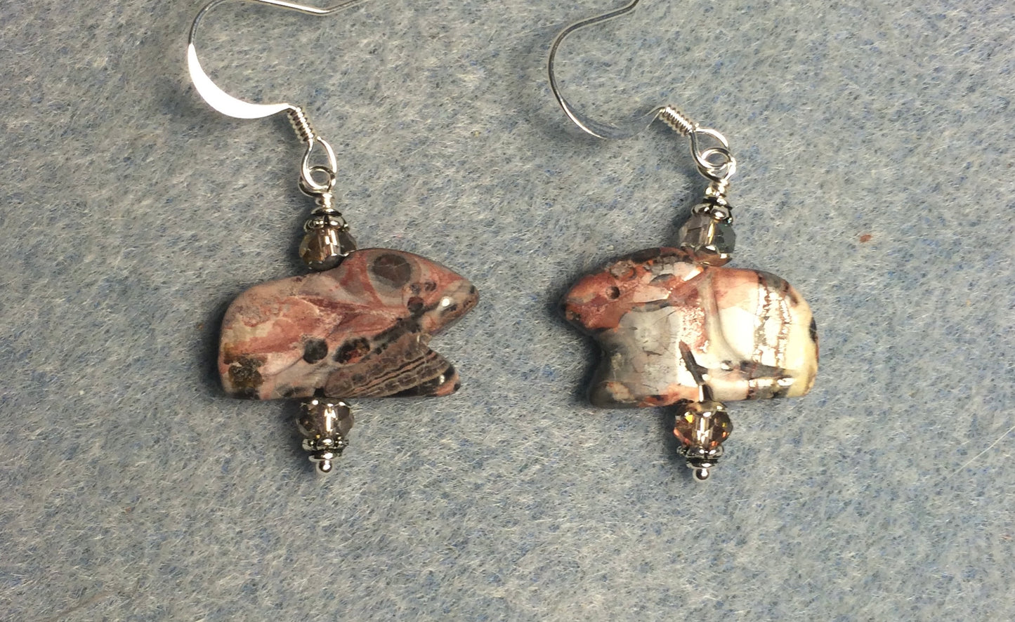 Pink leopard skin jasper gemstone Zuni rabbit bead earrings adorned with sparkly pink Chinese crystal beads.