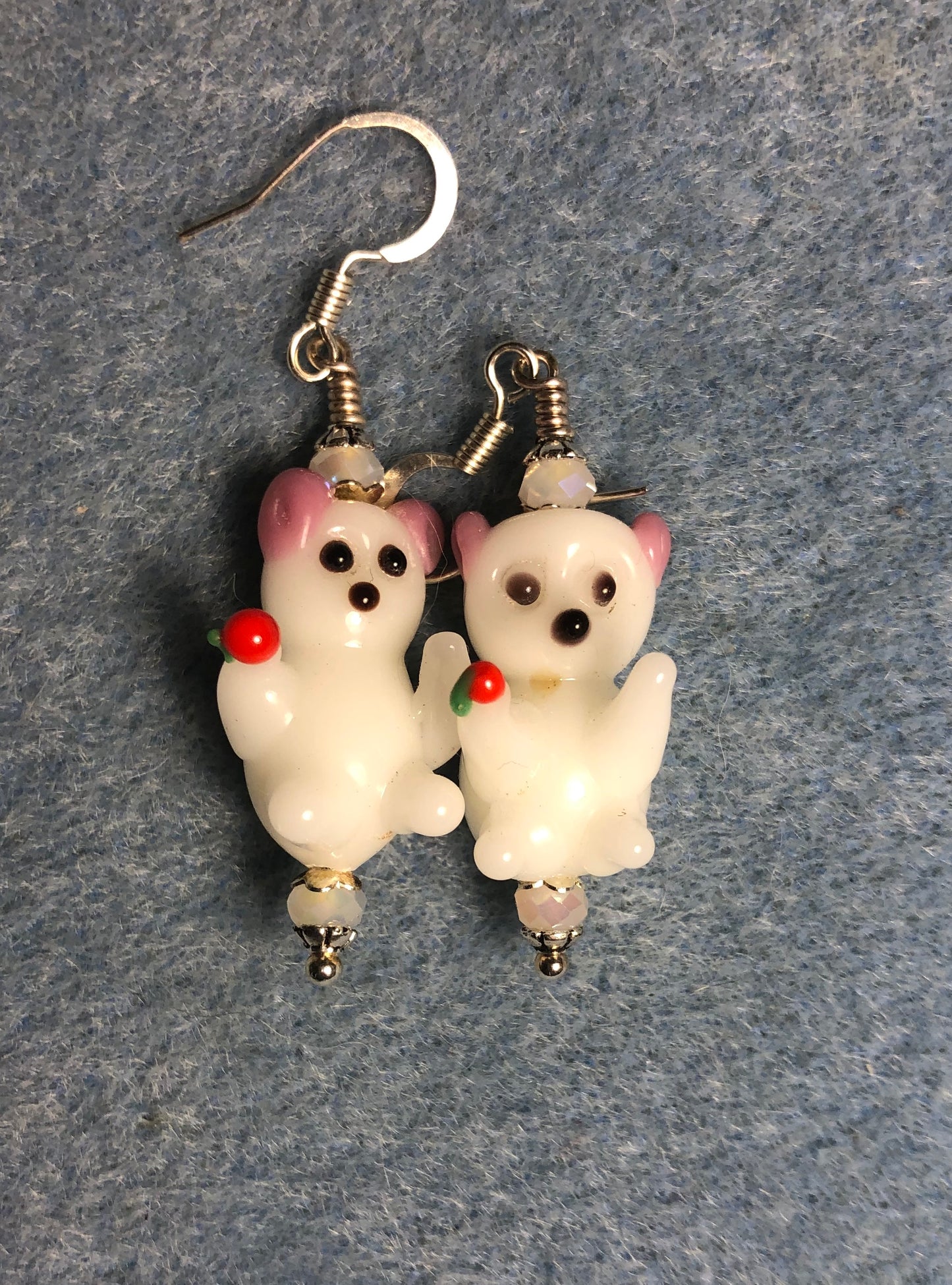 White and pink lamp work teddy bear bead earrings adorned with white Chinese crystal beads.