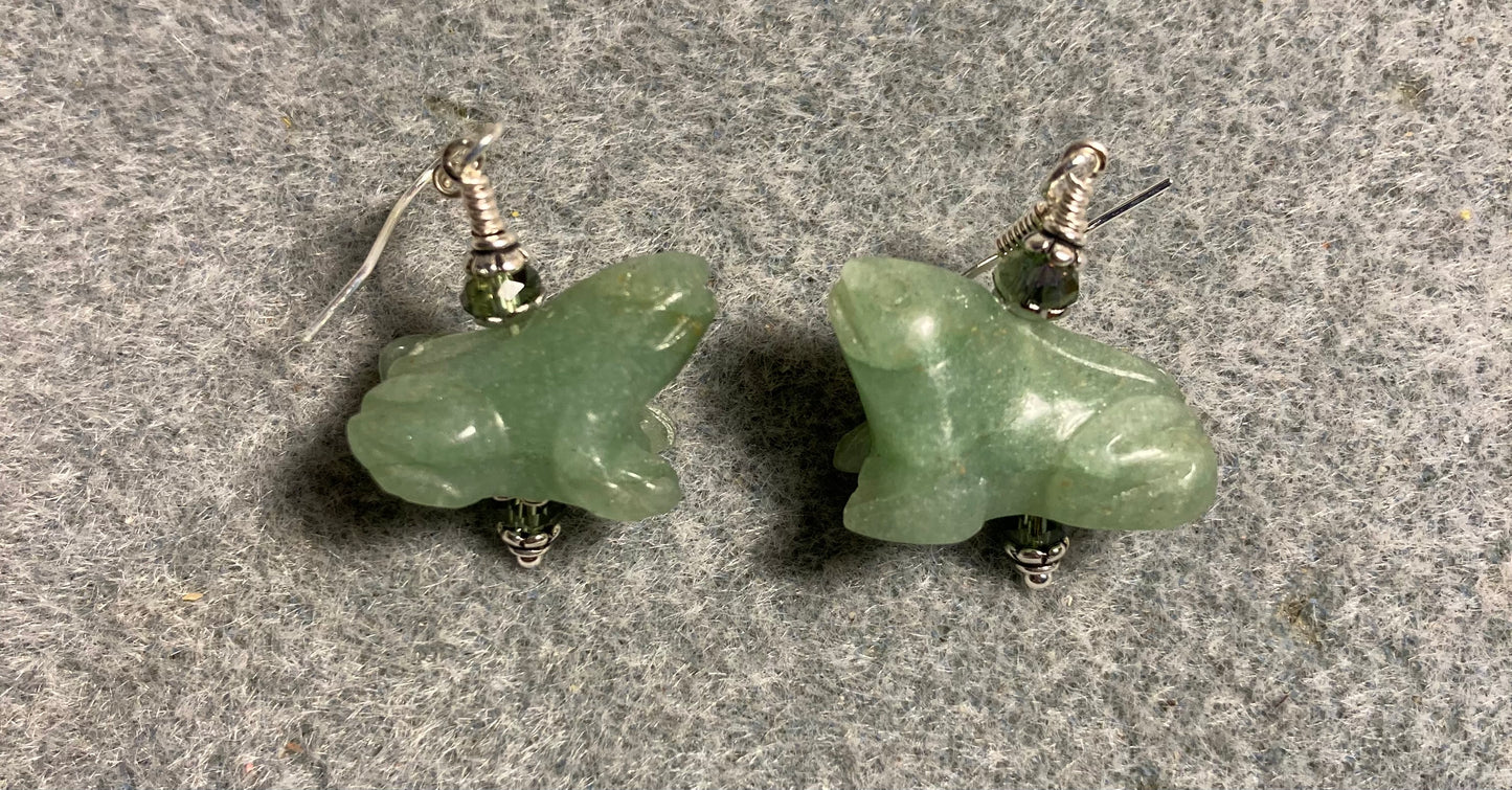 Green aventurine gemstone frog bead earrings adorned with sparkly green Chinese crystal beads.